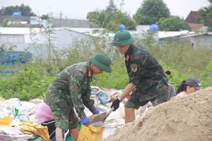 Bộ đội xúc cát vào bao để gia cố bờ kè An Lương. 