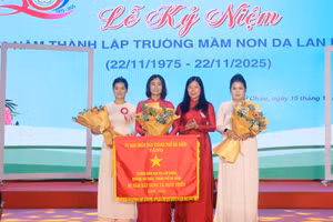 Bà Lê Thị Bích Thuận (thứ 2, từ phải qua) - Giám đốc Sở GD&ĐT TP Đà Nẵng thừa ủy quyền của Chủ tịch UBND TP Đà Nẵng trao cờ lưu niệm cho Ban Giám hiệu Trường Mầm non Dạ Lan Hương.