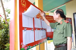 Thiếu tướng Nguyễn Hữu Hợp, Giám đốc Công an TP Đà Nẵng kiểm tra bảng niêm yết danh sách cử tri tại điểm bỏ phiếu bầu cử. Ảnh: CAĐN