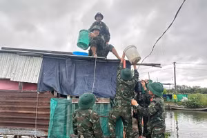 Cán bộ chiến sĩ Sư đoàn 2 (Quân khu 5) khẩn trương gia cố chằng chống nhà cửa cho dân.