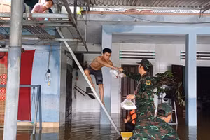 Cán bộ, chiến sĩ Cục Chính trị Quân khu 5 trao cơm cho người dân vùng lũ. 