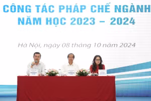 Từ trái sang phải ảnh: Thứ trưởng Bộ GD&ĐT Nguyễn Văn Phúc, Bộ trưởng Bộ GD&ĐT Nguyễn Kim Sơn, Vụ trưởng Vụ Pháp chế Mai Thị Anh chủ trì Hội nghị tổng kết công tác pháp chế ngành Giáo dục năm học 2023-2024.