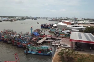 Phương tiện khai thác thủy sản neo đậu tại cửa biển Sông Đốc, Cà Mau.