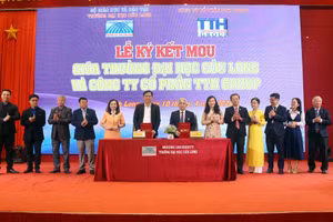 Lãnh đạo Trường ĐH Cửu Long và Công ty Cổ phần TTH Group thực hiện nghi thức ký kết hợp tác.
