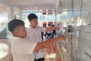 Các thí sinh tại điểm thi trường THPT Chiềng Sinh kiểm tra thông tin cá nhân.
