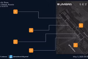 Hình ảnh vệ tinh tiết lộ một nhóm máy bay ném bom chiến lược Tupolev Tu-95 của Nga xuất hiện tại Căn cứ Không quân Belaya, ở miền đông Siberia.