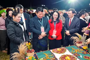 Các lãnh đạo tỉnh Sơn La và phường Chiềng An tham quan gian trưng bày cà phê.