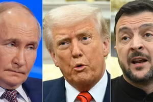 Tổng thống Nga Vladimir Putin (trái), Tổng thống Mỹ Donald Trump (giữa) và Tổng thống Ukraine Vladimir Zelensky.