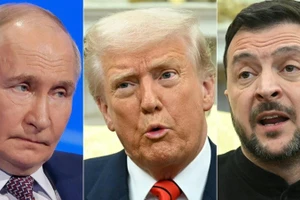 Tổng thống Nga Vladimir Putin (trái), Tổng thống Mỹ Donald Trump (giữa) và Tổng thống Ukraine Vladimir Zelensky.