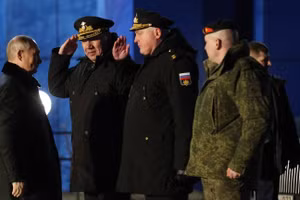 Tổng thống Nga Vladimir Putin tham dự lễ hạ thủy tàu ngầm chạy bằng năng lượng hạt nhân mới, ngày 27/3/2025.