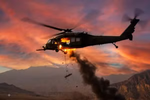 Trực thăng Black Hawk Mỹ bốc cháy sau khi trúng đòn tấn công của Iran, ngày 3/4/2026.