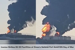 Kho nhiên liệu tại cảng Salalah ở Oman bốc cháy dữ dội sau cuộc tấn công UAV của Iran, ngày 11/3/2026. 