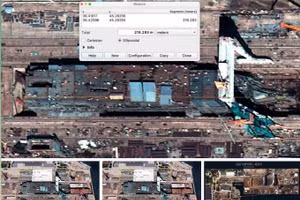 Công trường nhộn nhịp, với cần cẩu và vật liệu có thể nhìn thấy, cho thấy nỗ lực tập trung đóng tàu cao độ của Nga.