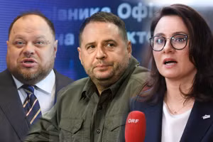 Chủ tịch quốc hội Ukraine Ruslan Stefanchuk (trái), Thủ tướng Yulia Sviridenko (phải), và chánh văn phòng tổng thống Ukraine, Andrey Yermak.