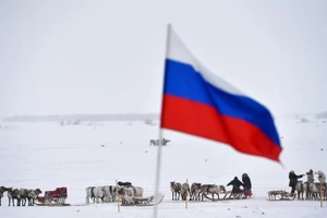 Lá cờ Nga được nhìn thấy trong Ngày hội chăn nuôi tuần lộc tại thành phố Salekhard, thuộc vùng Yamal-Nenets.