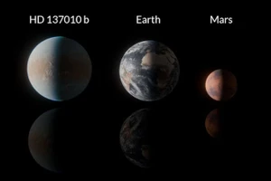 Hình ảnh so sánh kích thước của hành tinh HD 137010 b với Trái Đất và Sao Hỏa.