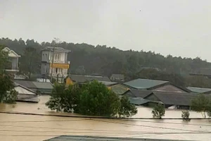 Khu vực chợ Phong Mỹ (phường Phong Điền, TP Huế) ngập đến gần nóc trong sáng 17/11.