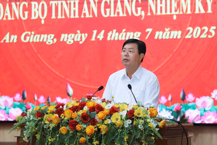 Bí thư Tỉnh ủy An Giang Nguyễn Tiến Hải phát biểu tại Hội thảo.