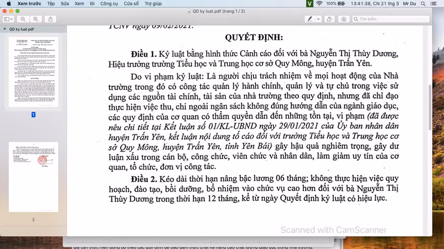 Quyết định xử lý kỷ luật bà Nguyễn Thị Thùy Dương.