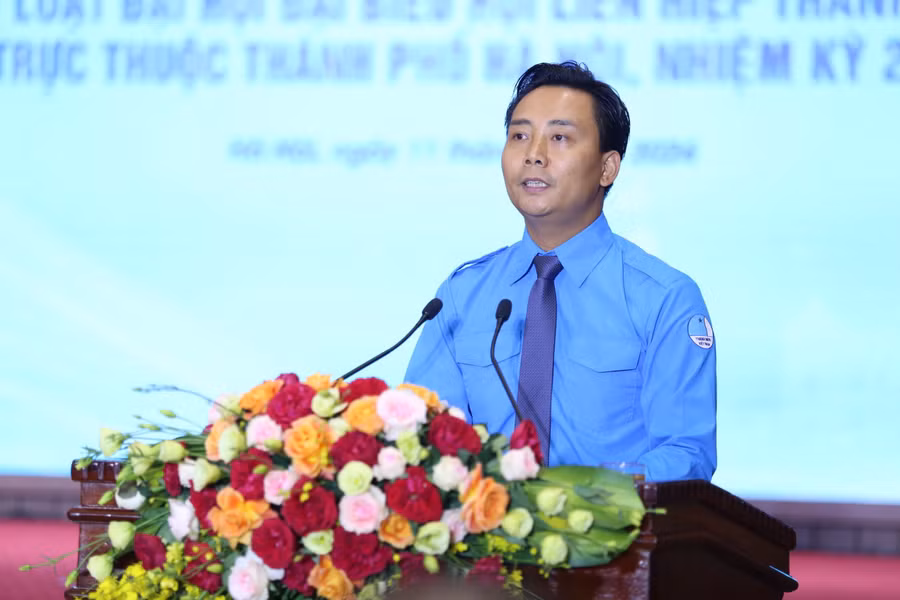 Anh Nguyễn Đức Tiến - UV BCH Trung ương Đoàn, Phó Bí thư Thường trực Thành đoàn, Chủ tịch Hội Liên hiệp thanh niên Việt Nam thành phố Hà Nội phát biểu tại sự kiện.