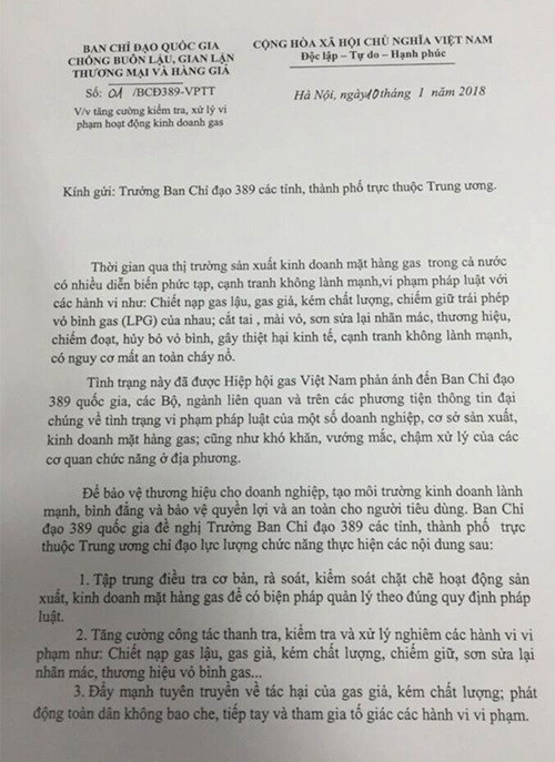 Công văn chỉ đạo số 01/BCDD369-VPTT gửi các địa phương trong cả nước “Về việc tăng cường kiểm tra, xử lý vi phạm hoạt động kinh doanh gas”.