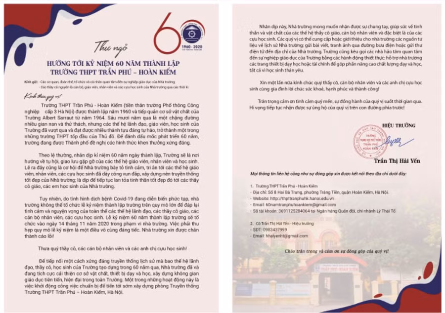 Thư ngỏ: Hướng tới kỷ niệm 60 năm thành lập Trường THPT Trần Phú – Hoàn Kiếm.