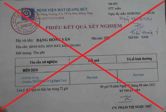 Một phiếu kết quả xét nghiệm Covid-19 giả bị cơ quan chức năng phát hiện. Ảnh: Công an Đồng Tháp.