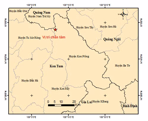 Bản đồ tâm chấn động đất ở Kon Tum vào lúc 12 giờ 14 phút, ngày 9/2. Ảnh: Viện Vật lý địa cầu.