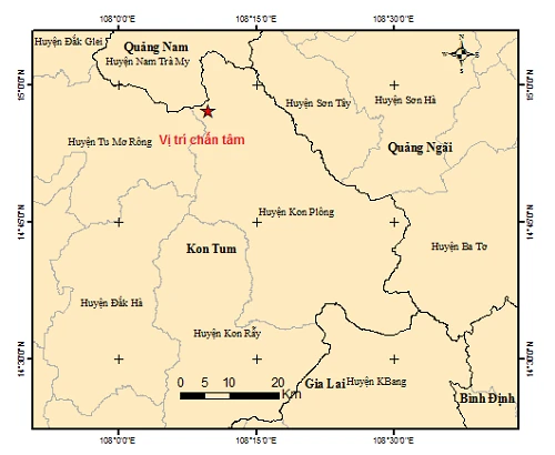 Bản đồ tâm chấn động đất ở Kon Tum vào lúc 12 giờ 14 phút, ngày 9/2. Ảnh: Viện Vật lý địa cầu.