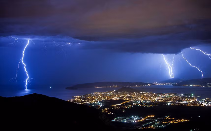 A spectacular electrical storm lights up the night sky near Split, Croatia