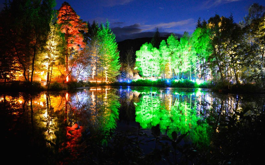 Những hình ảnh ấn tượng trong tuần ảnh 3 Trees lit by coloured lights are reflected in Loch Dunmore in Faskally Wood, in Pitlochry, Scotland