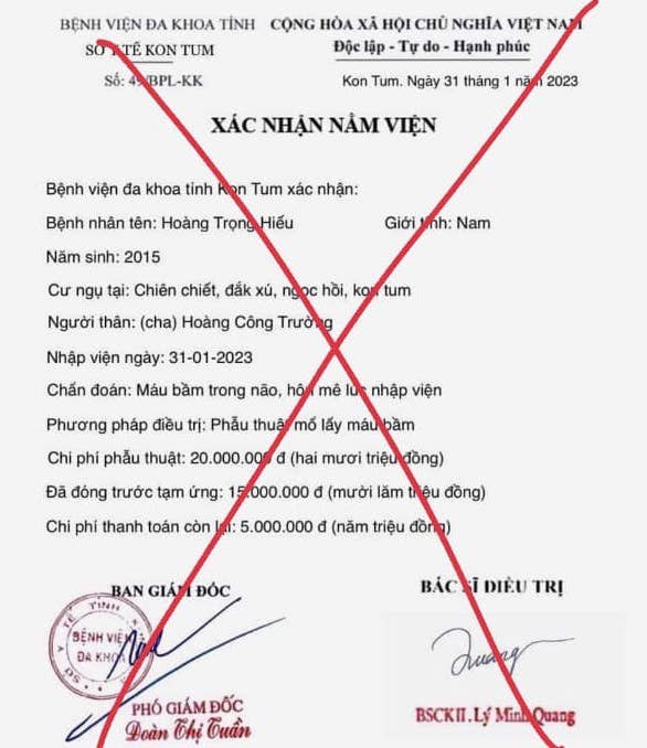 Bệnh viện đa khoa tỉnh Kon Tum cho hay, không thực hiện xác nhận nằm viện như hình ảnh. Bệnh viện đa khoa tỉnh Kon Tum cho hay, không thực hiện xác nhận nằm viện như hình ảnh.