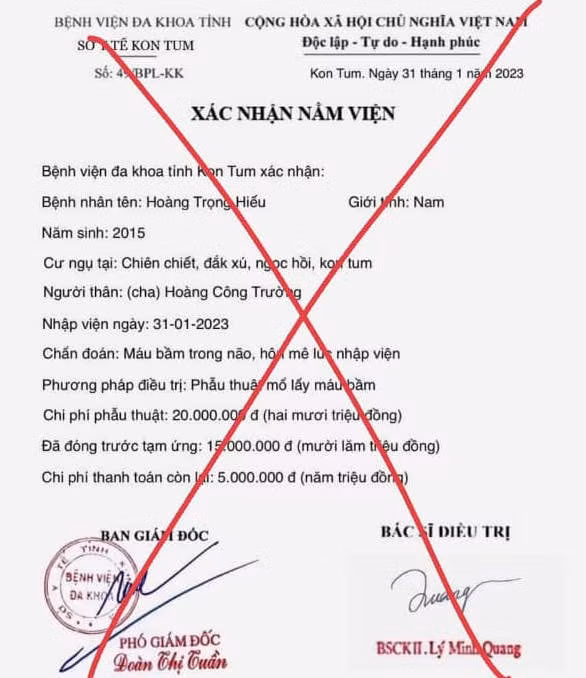 Bệnh viện đa khoa tỉnh Kon Tum cho hay, không thực hiện xác nhận nằm viện như hình ảnh.