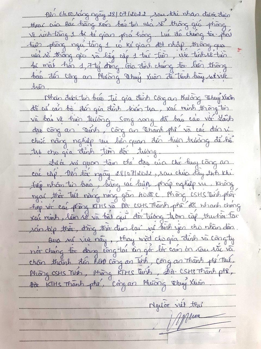 Bức thư anh T. cảm ơn sâu sắc đến lực lượng Công an tỉnh Thừa Thiên - Huế, Công an TP Huế đã bắt được kẻ cắp, lấy lại được số tiền cho anh. Bức thư anh T. cảm ơn sâu sắc đến lực lượng Công an tỉnh Thừa Thiên - Huế, Công an TP Huế đã bắt được kẻ cắp, lấy lại được số tiền cho anh.