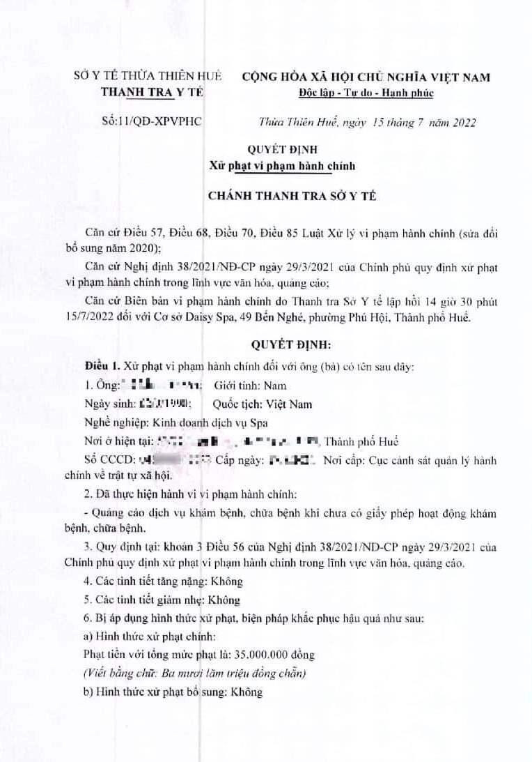 Quyết định xử phạt Daisy Spa của Thanh tra Sở Y tế tỉnh Thừa Thiên - Huế.