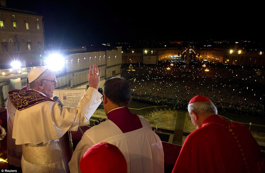 A leader’s view: Newly elected Pope Francis I appears on the balcony of St. Peter’s Basilica after being elected by the conclave of cardinals Read more: http://www.dailymail.co.uk/news/article-2292549/Papal-conclave-New-Pope-76-year-old-Argentine-Jorge-Bergoglio-Archbishop-Buenos-Aires-announced-world-266th-pontiff.html#ixzz2NTcAjpXZ Follow us: @MailOnline on Twitter | DailyMail on Facebook