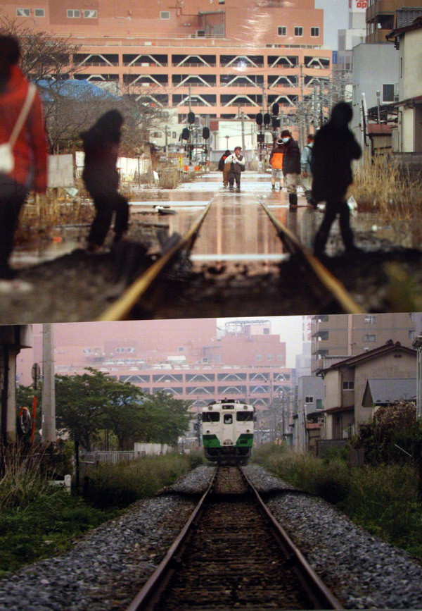 Phục hồi – Thành phố Ishinomaki, tỉnh Miyagi (Biển nước sau sóng thần đã làm ngập đường ray xe lửa tuyến JR Ishinomaki (14/3/2011). Một phần hệ thống đường ray đã được phục hồi và đi vào hoạt động (5/6/2011)). 