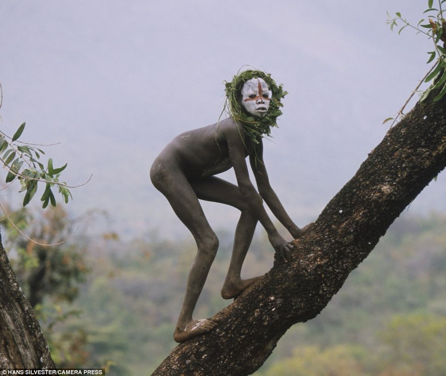 Climbing high: A young boy, his face decorated with a large red cross and naked apart from his grassy headdress climbs a tree Read more: http://www.dailymail.co.uk/news/article-2294456/Painted-faces-scarred-bodies-wooden-guns-extravagant-headdresses-Amazing-photographs-reveal-lost-world-Omo-tribes-Ethiopia.html#ixzz2Nn0lwdtG Follow us: @MailOnline on Twitter | DailyMail on Facebook
