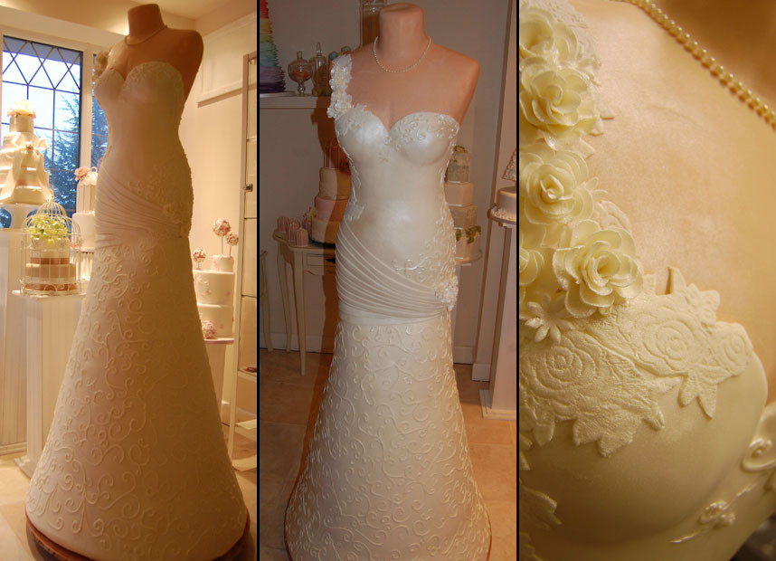 Những hình ảnh ấn tượng trong tuần ảnh 5 Here’s a wedding dress made completely out of cake. The six-foot edible bridal gown is made from 17 tiers of sponge cake, 22 kilograms of sugar paste icing, one kilogram of royal icing and hundreds of sugar pearls. It would cater for over 2,000 wedding guests. The cake was created by Donna Millington-Day, dubbed the fairy godmother of wedding cakes. She said she was inspired by her daughter’s drawing of a giant wedding dress cake. Rather than dismissing her daughter’s idea Donna decided to rise to the challenge and one week later the stunning ivory dress heavily embellished with iced flowers and weighing in at 25 kilos was finished. The wedding dress cake is being unveiled at the National Wedding Show this weekend in Birmingham.