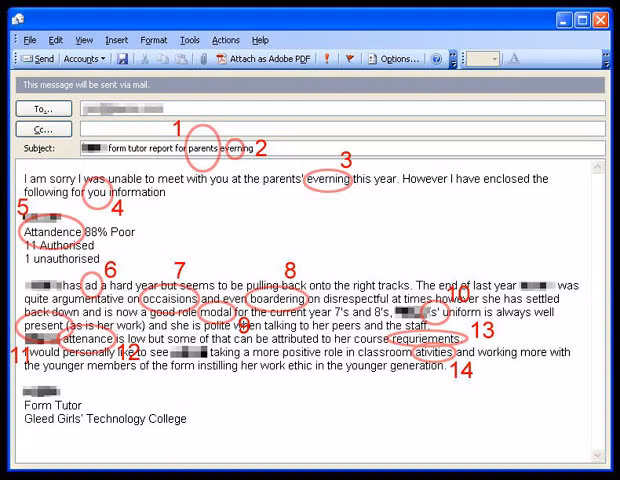 A red-faced headteacher has apologised after a school report containing 14 spelling mistakes and grammatical errors was sent to a parent by a form tutor. Plain English campaigners slammed the error-laden email and said the teacher should be sent back to school herself. The school report errors are revealed just days after the government’s education secretary Michael Gove called for teachers to crackdown on poor spelling and grammar.