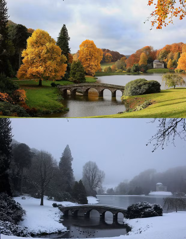 This composite image shows two views of the lake at the National Trust’s Stourhead, taken exactly one month apart. In the top image, taken on November 3, the sun shines on trees that were displaying their autumn colours surrounding the Palladian bridge and the lakeside Pantheon; while the bottom image shows the scene on December 3, complete with frozen lake.