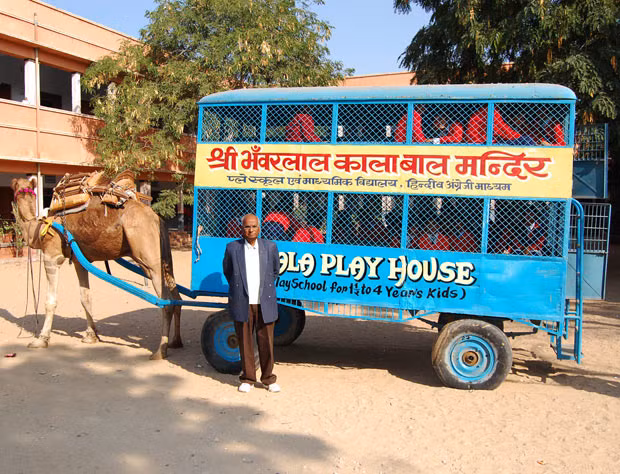 Children of Bhanwarlal Kala Bal Mandir School head to school on a camel-driven school bus in Rajasthan, India.