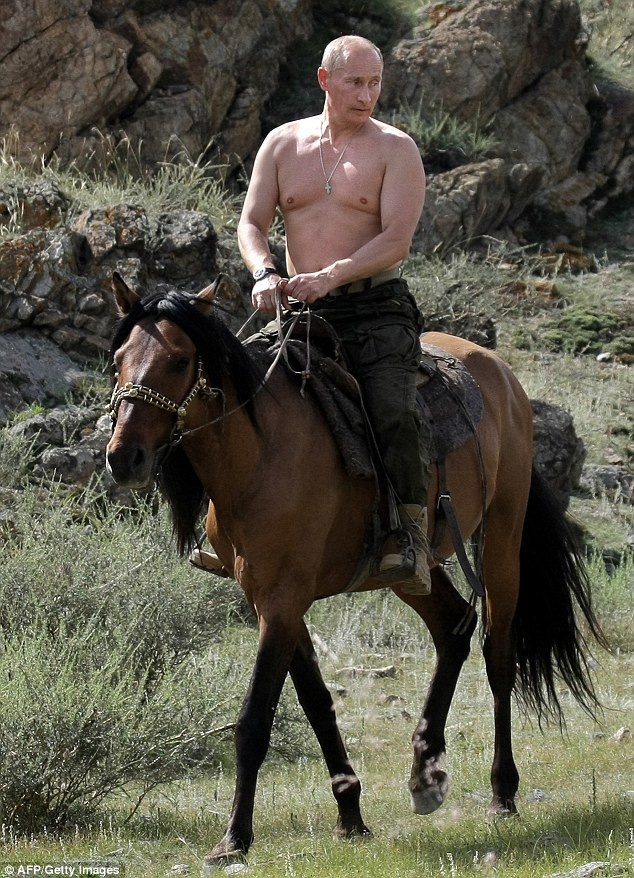 Hope he’s wearing sunscreen: A bare-chested Vladimir Putin rides a horse during his holiday outside the town of Kyzyl in southern Siberia last year Read more: http://www.dailymail.co.uk/news/worldnews/article-1255992/Action-man-Putin-King-wild-frontier-.html#ixzz0hRayJs4d