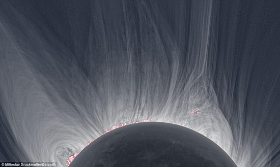 As well as being very hot, the ionised gas of the corona (called plasma) has a superthin consistency. It is less than a billionth of the density of the hydrogen that makes up the main ball of the Sun Read more: http://www.dailymail.co.uk/sciencetech/article-1256875/Solar-power-Stunning-picture-shows-Suns-blustery-atmosphere-total-eclipse.html#ixzz0kTStXiYU