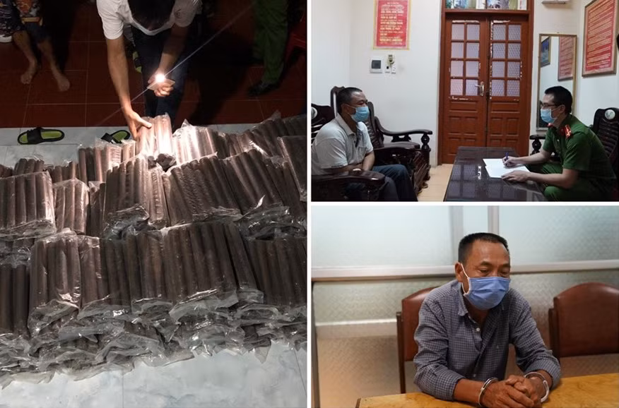 Hai đối tượng cùng tang vật của vụ án. Ảnh: Công an Hoà Bình