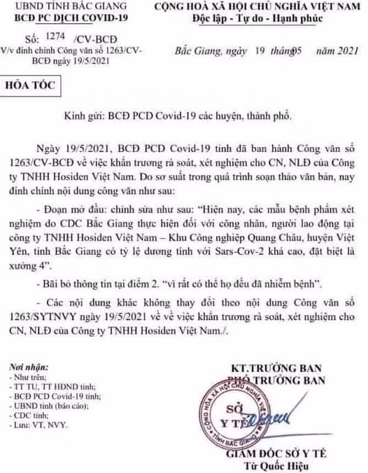 Công văn hỏa tốc số 1274/CV-BCĐ đính chính thông tin của Công văn số 1263/CV-BCĐ trước đó.