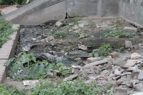 Nước từ nhà vệ sinh của các hộ dân chảy xuống tạo thành các vũng nước đọng Nước từ nhà vệ sinh của các hộ dân chảy xuống tạo thành các vũng nước đọng