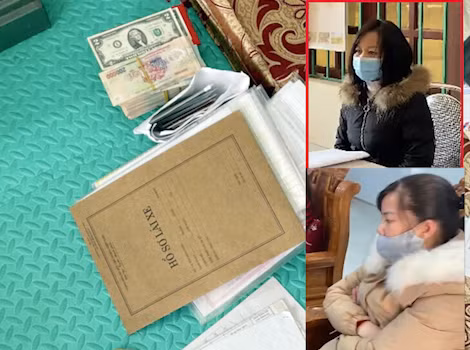 Đối tượng Hoàng Thị Ngọc Quỳnh (áo đen) và Nông Thị Nguyệt tại cơ quan điều tra.