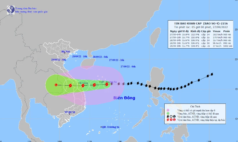 Vị trí và hướng di chuyển của cơn bão Noru. Nguồn: Trung tâm Dự báo Khí tượng Thủy văn quốc gia