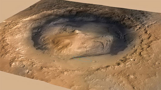 Vị trí hạ cánh của tàu Tò mò (chấm màu xanh) tại khu vực miệng núi lửa Gale Crater trên sao Hỏa - (Ảnh: NASA/JPL-CALTECH/ESA)